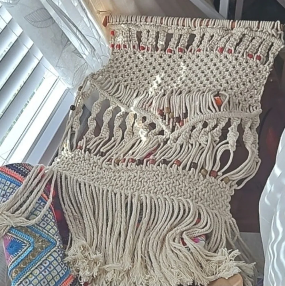 70s authentic beaded knotted handmade tapestry wall hanging